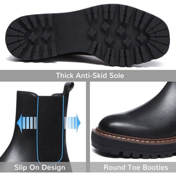 Athlefit Women Black Chelsea Wedge Platform Slip on Lug Sole Elastic Ankle Boot - Picture 5 of 6